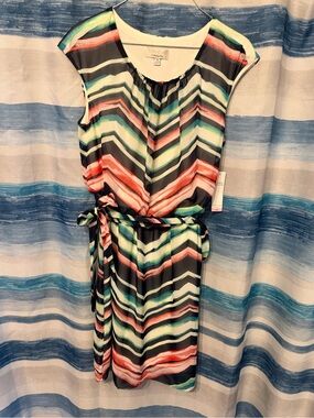 Chevron Stripe Cap-Sleeve Dress in Multi-Color